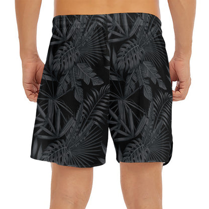 Black Palm Leaf Aloha Pattern Print Men's Split Running Shorts