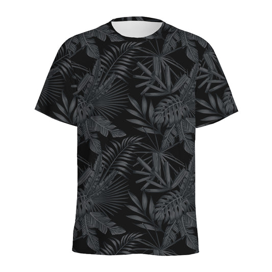 Black Palm Leaf Aloha Pattern Print Men's Sports T-Shirt