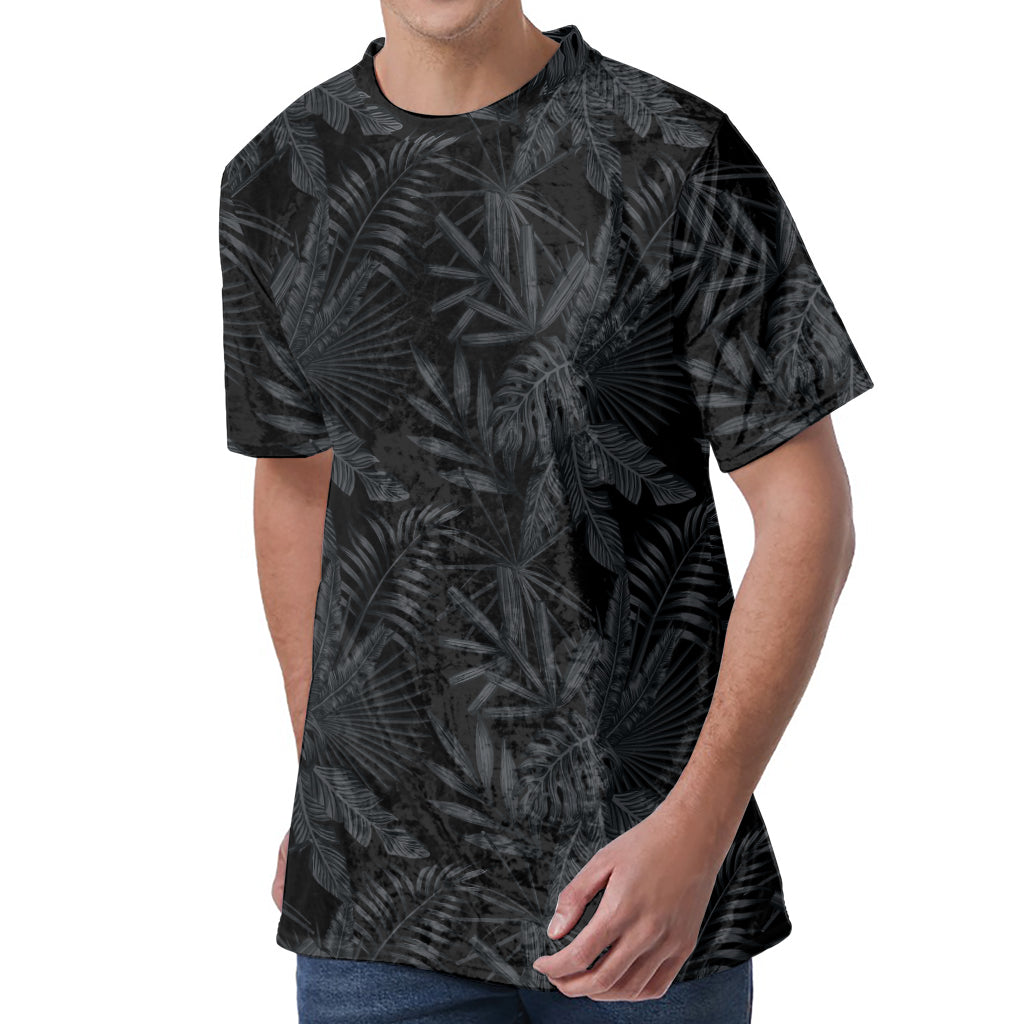 Black Palm Leaf Aloha Pattern Print Men's Velvet T-Shirt