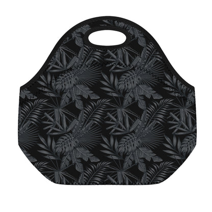 Black Palm Leaf Aloha Pattern Print Neoprene Lunch Bag
