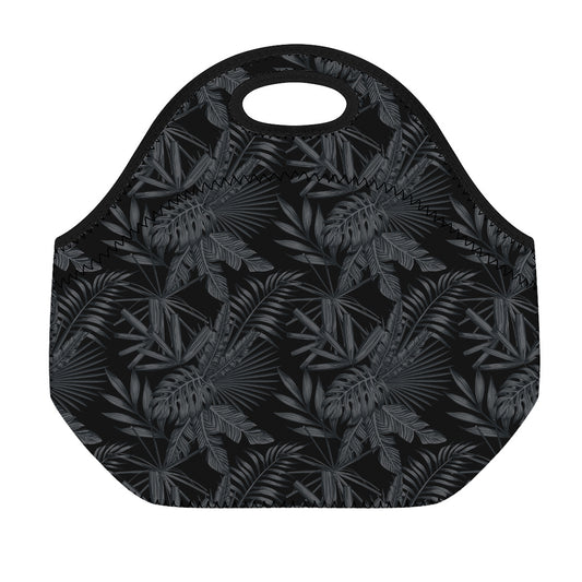 Black Palm Leaf Aloha Pattern Print Neoprene Lunch Bag