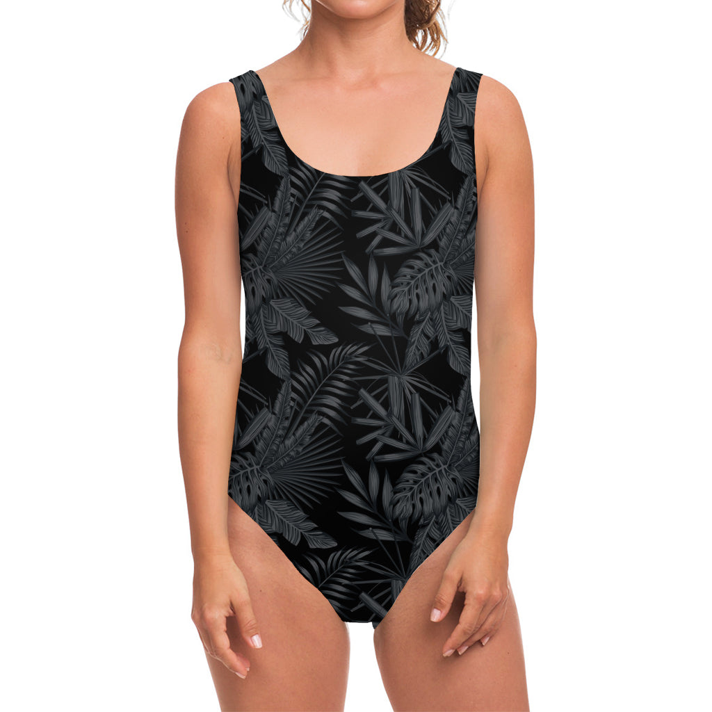 Black Palm Leaf Aloha Pattern Print One Piece Swimsuit