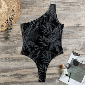 Black Palm Leaf Aloha Pattern Print One Shoulder Bodysuit