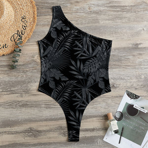 Black Palm Leaf Aloha Pattern Print One Shoulder Bodysuit