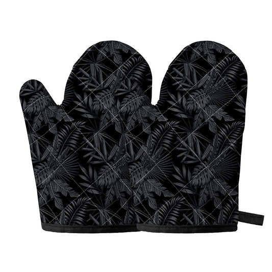 Black Palm Leaf Aloha Pattern Print Oven Mitts