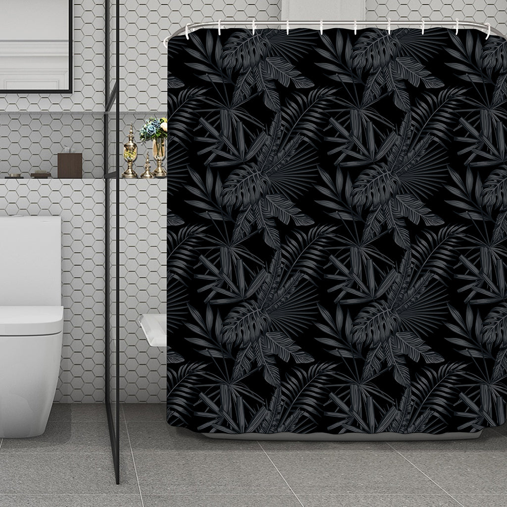 Black Palm Leaf Aloha Pattern Print Polyester Shower Curtain