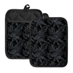Black Palm Leaf Aloha Pattern Print Pot Holders With Pocket