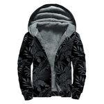 Black Palm Leaf Aloha Pattern Print Sherpa Lined Zip Up Hoodie