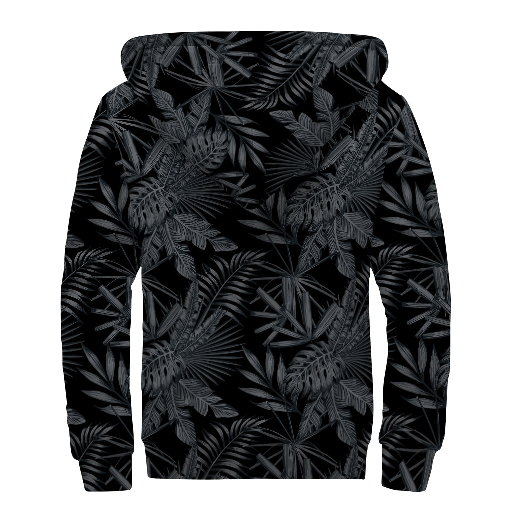 Black Palm Leaf Aloha Pattern Print Sherpa Lined Zip Up Hoodie