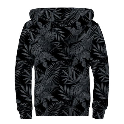 Black Palm Leaf Aloha Pattern Print Sherpa Lined Zip Up Hoodie