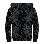 Black Palm Leaf Aloha Pattern Print Sherpa Lined Zip Up Hoodie