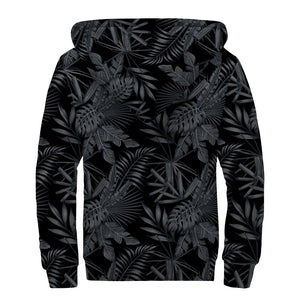 Black Palm Leaf Aloha Pattern Print Sherpa Lined Zip Up Hoodie