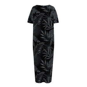 Black Palm Leaf Aloha Pattern Print Short Sleeve Long Nightdress