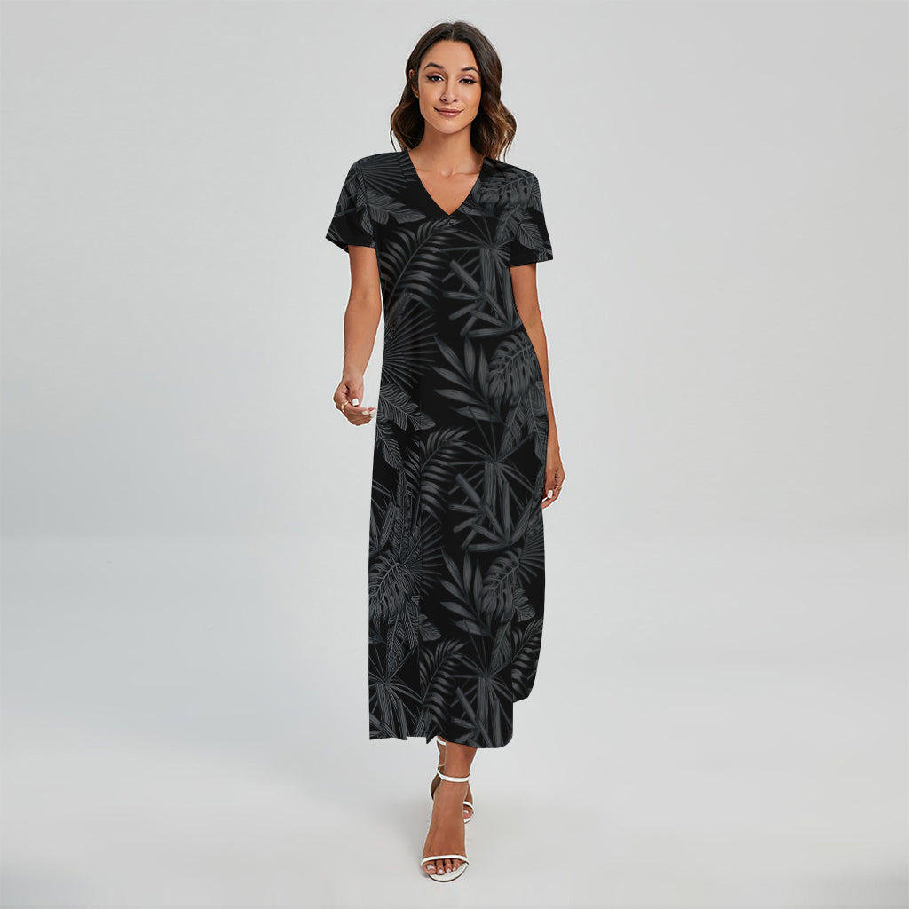 Black Palm Leaf Aloha Pattern Print Short Sleeve Maxi Dress