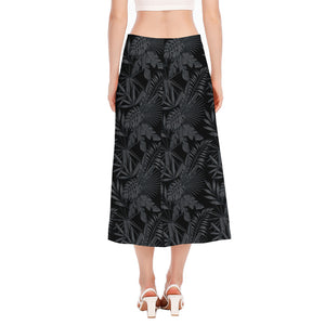 Black Palm Leaf Aloha Pattern Print Side Slit Midi Skirt