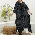 Black Palm Leaf Aloha Pattern Print Silk V-Neck Kaftan Dress