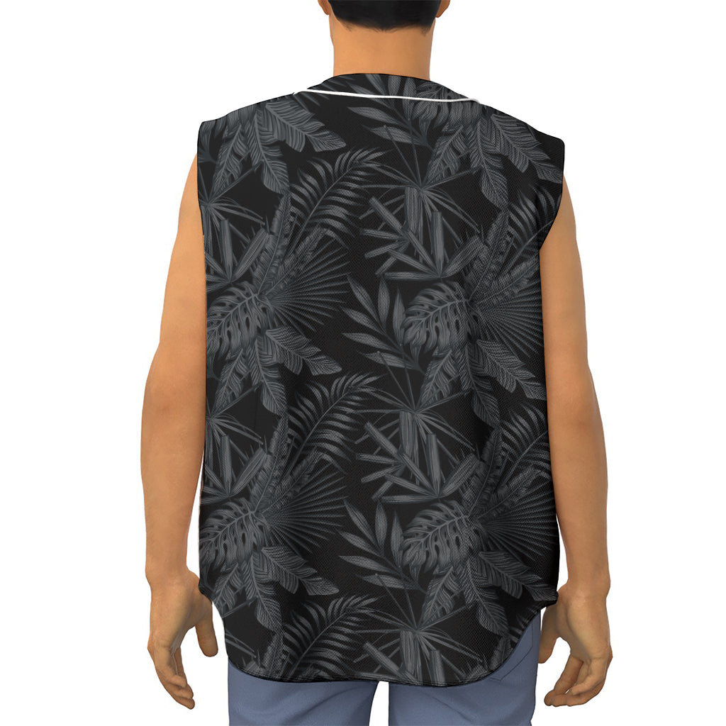 Black Palm Leaf Aloha Pattern Print Sleeveless Baseball Jersey