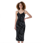 Black Palm Leaf Aloha Pattern Print Slim Fit Midi Cami Dress