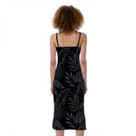 Black Palm Leaf Aloha Pattern Print Slim Fit Midi Cami Dress