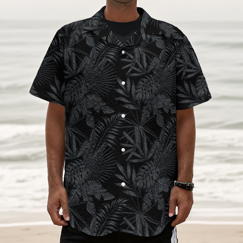 Black Palm Leaf Aloha Pattern Print Textured Short Sleeve Shirt