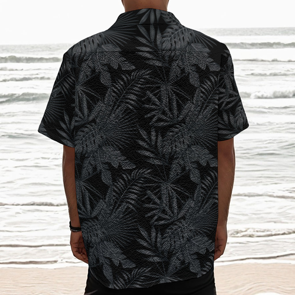 Black Palm Leaf Aloha Pattern Print Textured Short Sleeve Shirt