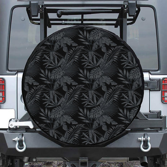 Black Palm Leaf Aloha Pattern Print Tire Cover