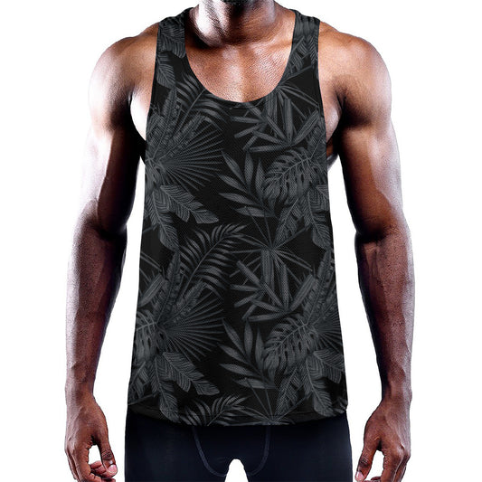 Black Palm Leaf Aloha Pattern Print Training Tank Top