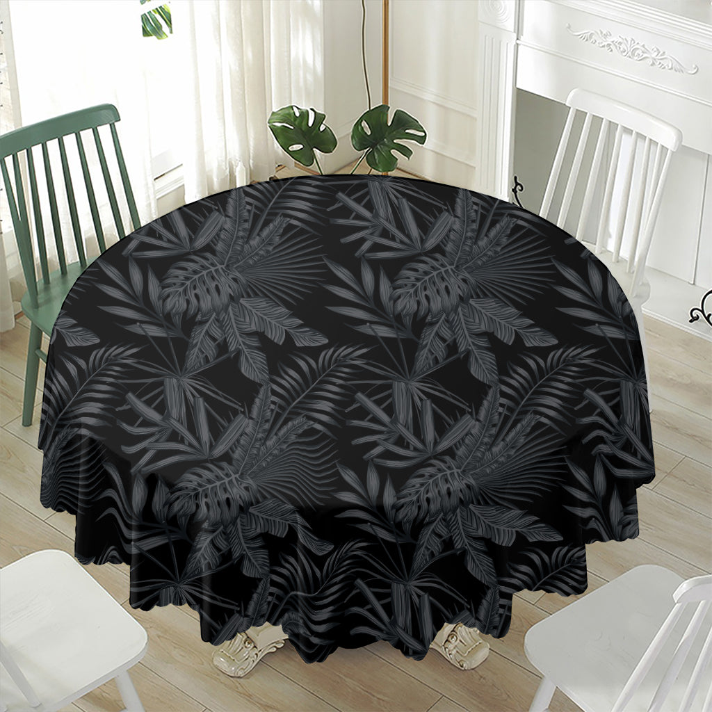 Black Palm Leaf Aloha Pattern Print Waterproof Round Tablecloth