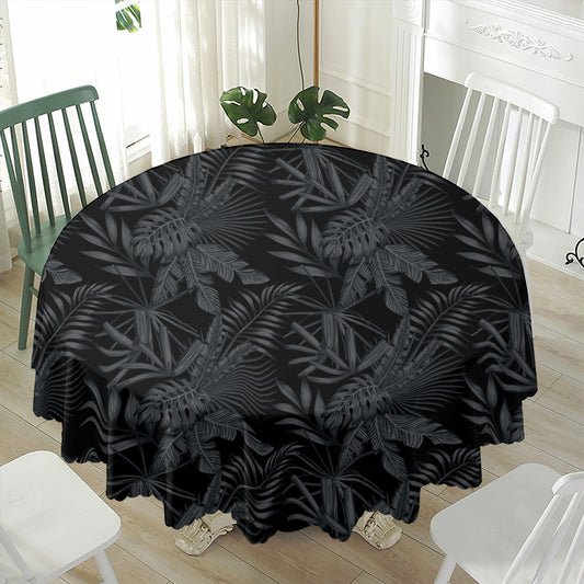 Black Palm Leaf Aloha Pattern Print Waterproof Round Tablecloth