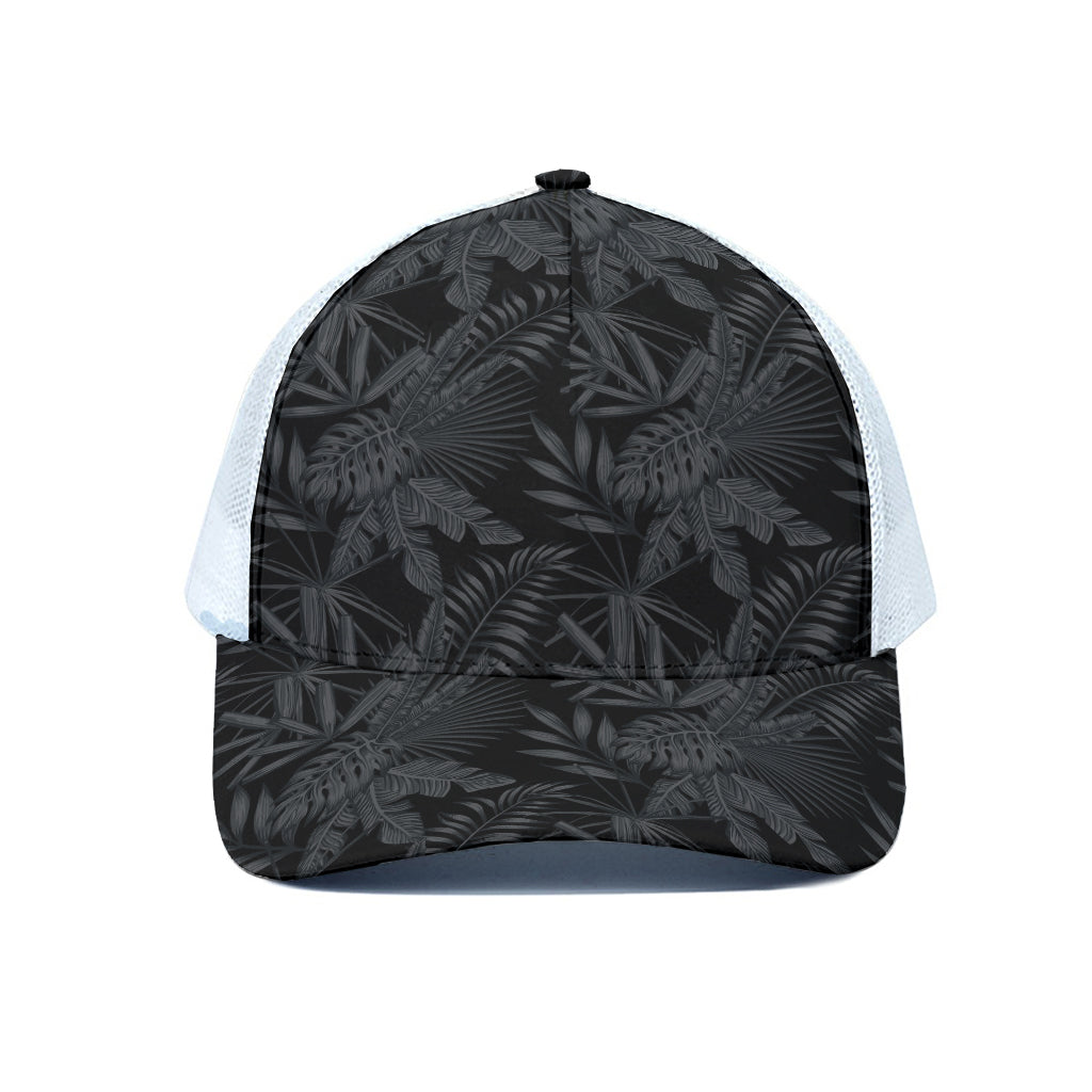 Black Palm Leaf Aloha Pattern Print White Mesh Trucker Cap