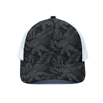 Black Palm Leaf Aloha Pattern Print White Mesh Trucker Cap