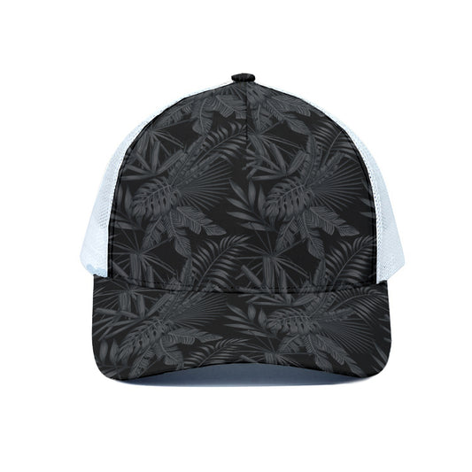 Black Palm Leaf Aloha Pattern Print White Mesh Trucker Cap