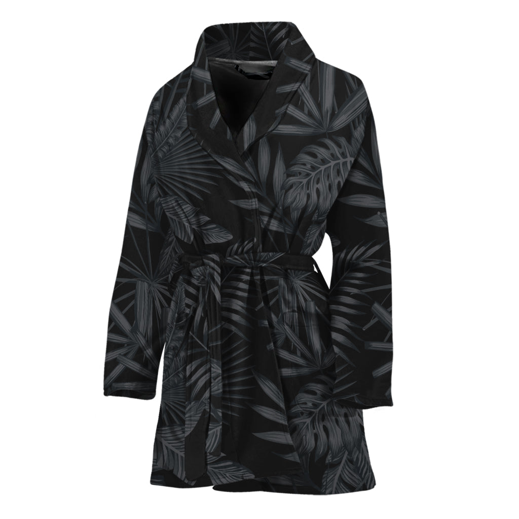 Black Palm Leaf Aloha Pattern Print Women's Bathrobe