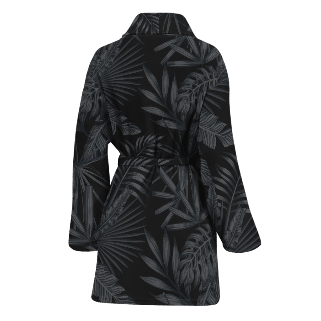 Black Palm Leaf Aloha Pattern Print Women's Bathrobe