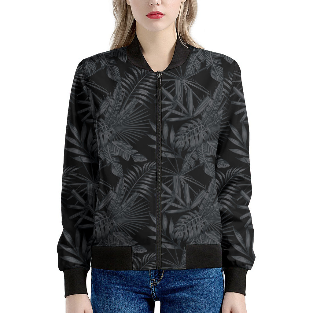 Black Palm Leaf Aloha Pattern Print Women's Bomber Jacket