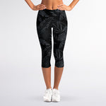 Black Palm Leaf Aloha Pattern Print Women's Capri Leggings