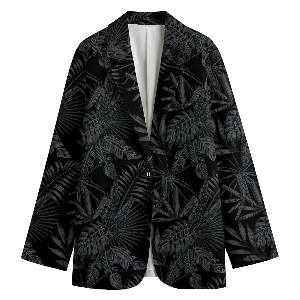Black Palm Leaf Aloha Pattern Print Women's Cotton Blazer