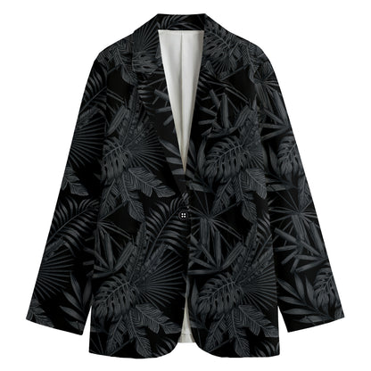 Black Palm Leaf Aloha Pattern Print Women's Cotton Blazer