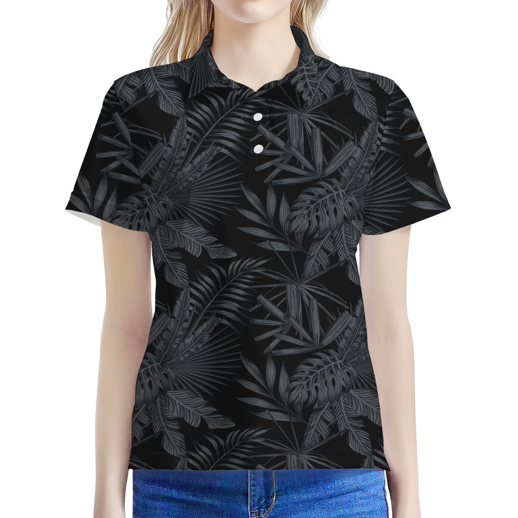 Black Palm Leaf Aloha Pattern Print Women's Polo Shirt