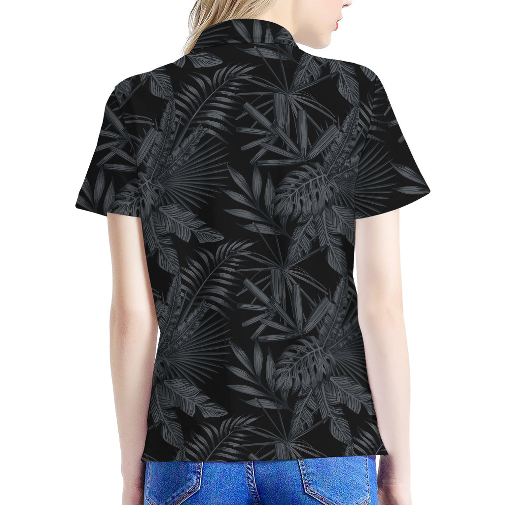 Black Palm Leaf Aloha Pattern Print Women's Polo Shirt