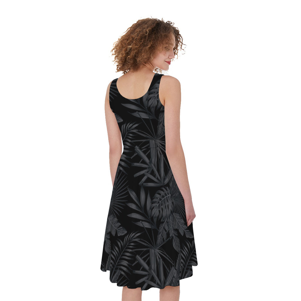Black Palm Leaf Aloha Pattern Print Women's Sleeveless Dress