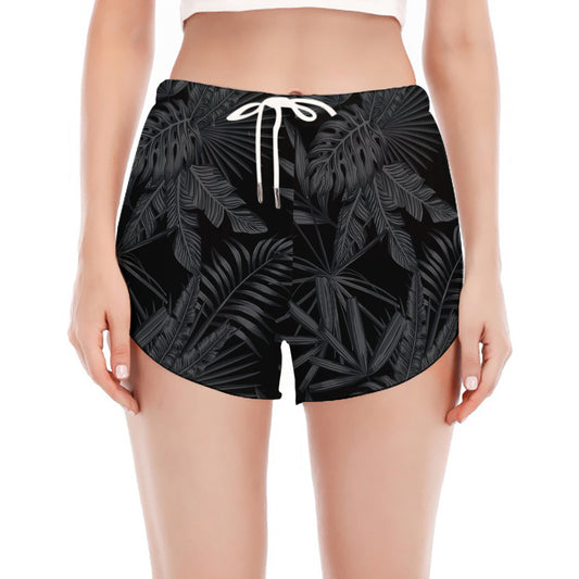 Black Palm Leaf Aloha Pattern Print Women's Split Running Shorts