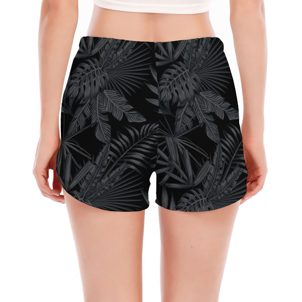 Black Palm Leaf Aloha Pattern Print Women's Split Running Shorts