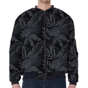 Black Palm Leaf Aloha Pattern Print Zip Sleeve Bomber Jacket