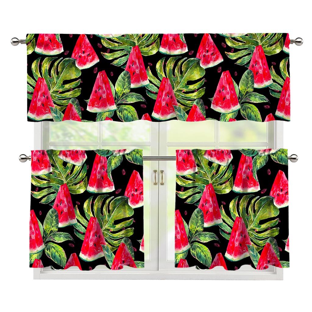 Black Palm Leaf Watermelon Pattern Print 3 Piece Kitchen Curtains