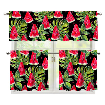 Black Palm Leaf Watermelon Pattern Print 3 Piece Kitchen Curtains