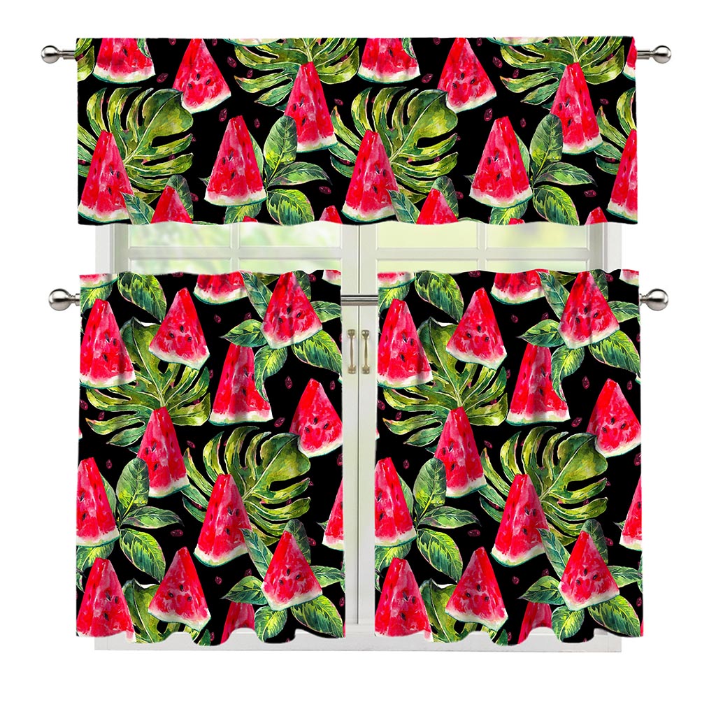 Black Palm Leaf Watermelon Pattern Print 3 Piece Kitchen Curtains