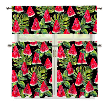 Black Palm Leaf Watermelon Pattern Print 3 Piece Kitchen Curtains