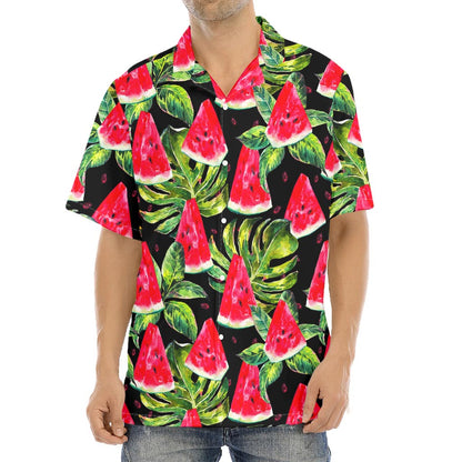 Black Palm Leaf Watermelon Pattern Print Aloha Shirt