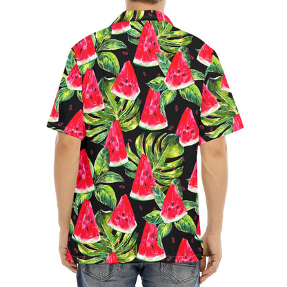 Black Palm Leaf Watermelon Pattern Print Aloha Shirt